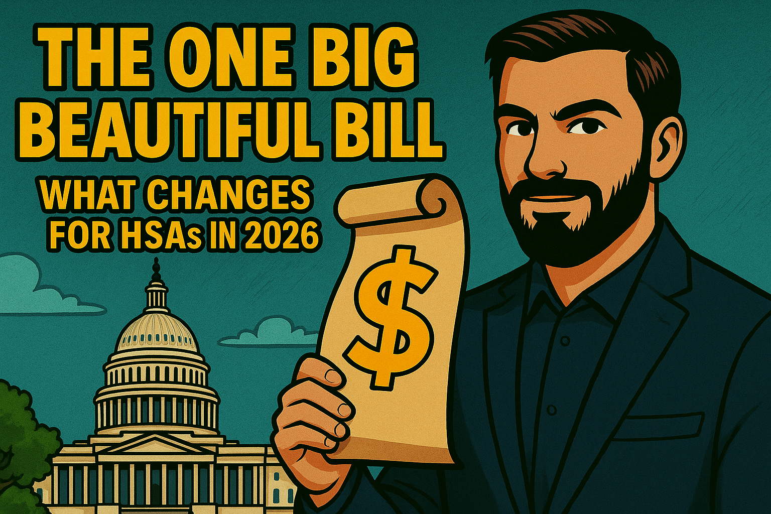Illustrated banner showing a bearded man holding a dollar sign scroll with the U.S. Capitol in the background, representing changes to Health Savings Accounts under new legislation in 2026.